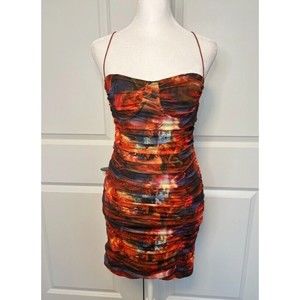 Pretty Little Thing Multi Print Mesh Cup Body Con Ruched Dress Size 2 NWT